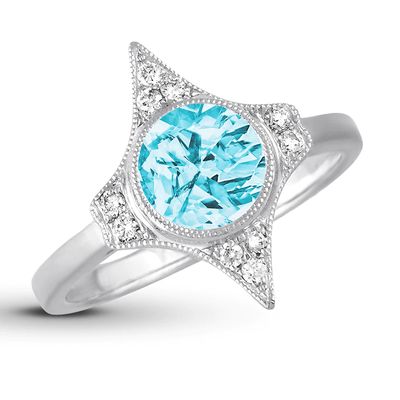 Blue Topaz Ring 1/10 ct tw Diamonds 18K White Gold