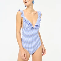 Seersucker ruffle-shoulder V-neck one-piece swimsuit