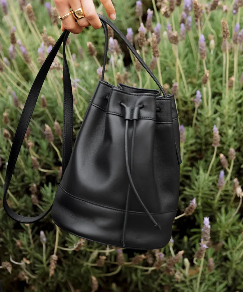 Black Bucket Bag in Leather and Wool Drawstring Bag Medium 
