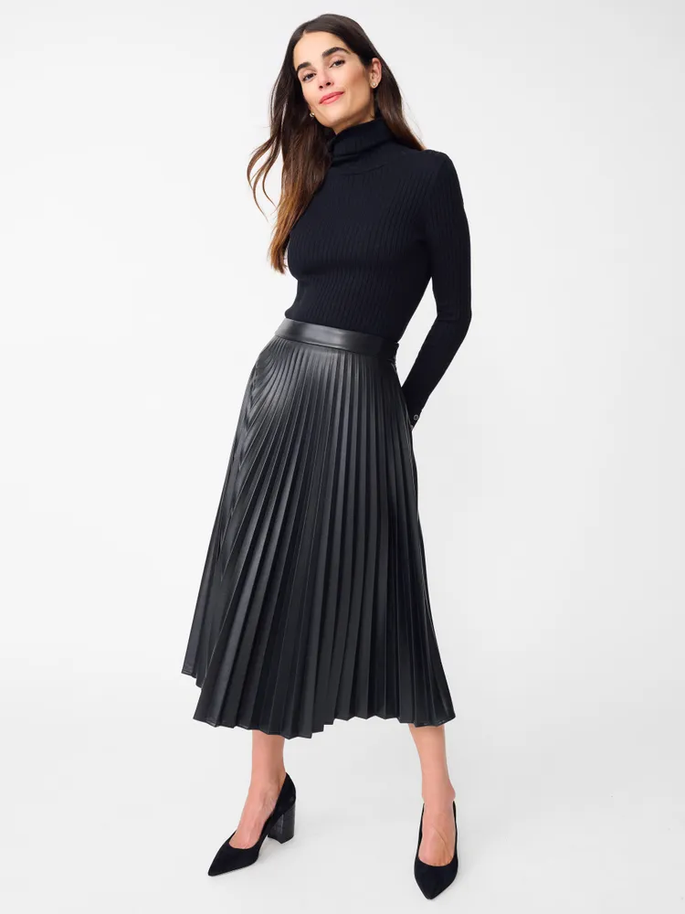 Black Vegan Leather Belted Pleated Midi Skirt – Unique Vintage