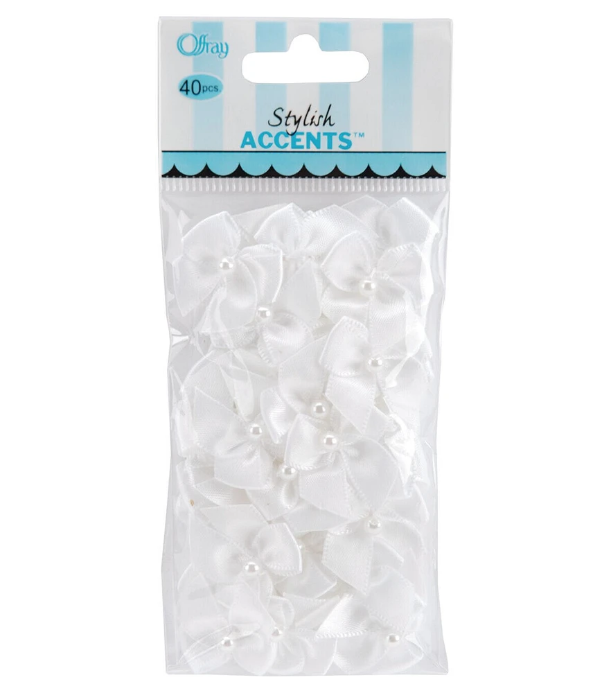 Offray 40ct White Satin Bow Ribbon Acessories With Pearl Center