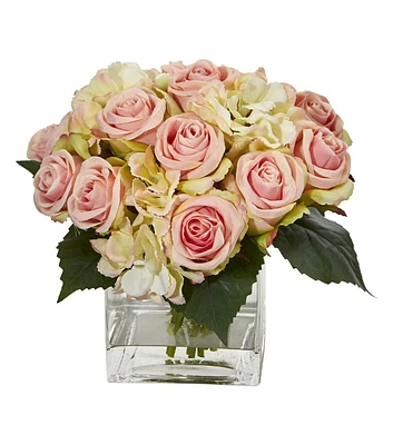 Nearly Natural 11" Rose & Hydrangea Bouquet Arrangement in Vase