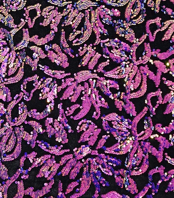 Iridescent Purple Floral on Black Sequin Velvet Fabric