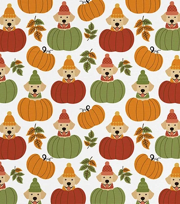 Pumpkin Labradors on White Halloween Cotton Fabric