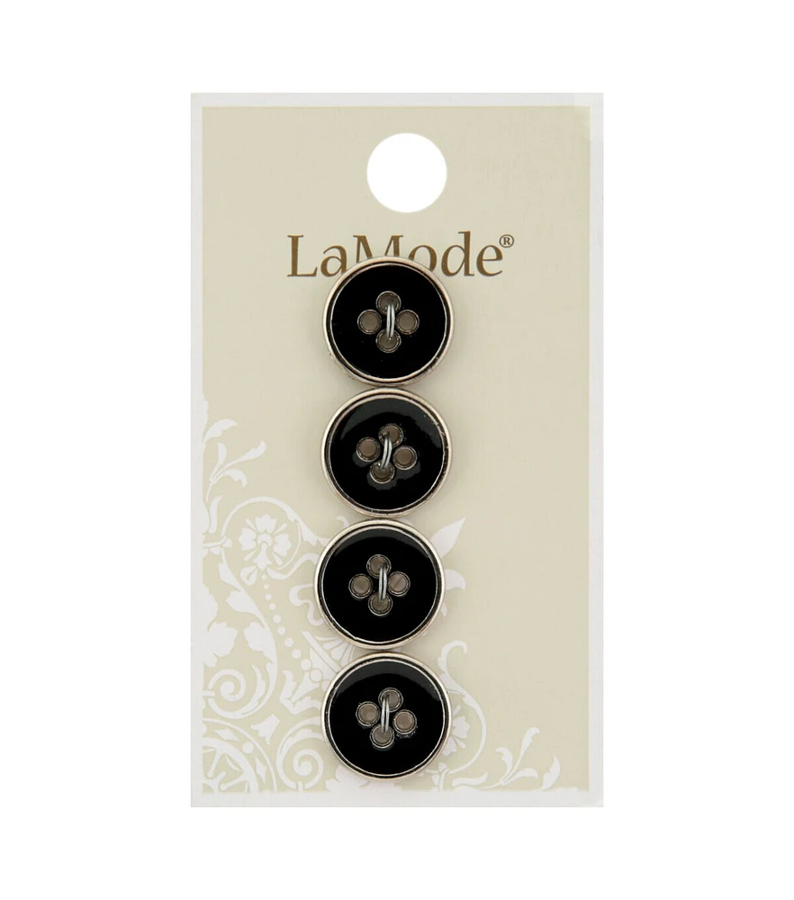 La Mode 5/8"Black 4 Hole Buttons With Silver Rim 4pk