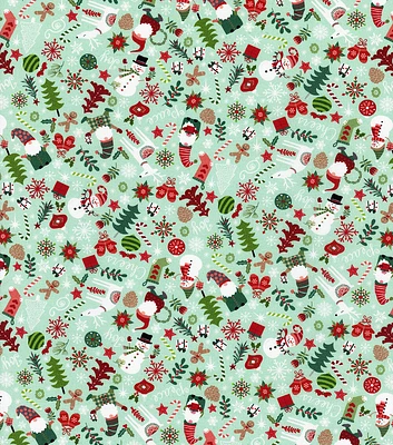 Gnomes & Trees on Green Christmas Cotton Fabric