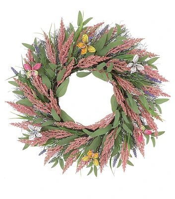 22" Pink & Green Heather Butterfly Wreath by Bloom Room