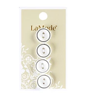 La Mode 5/8" White Round 2 Hole Buttons With Silver Rim 4pk