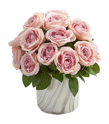 Nearly Natural 12" Pink Rose Artificial Arrangement in Marble Vase