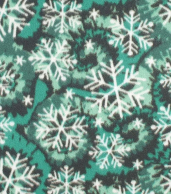 Snowflakes on Green Tie Dye Blizzard Fleece Fabric