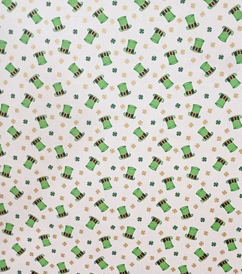 Leprechaun Hats on White St. Patrick's Day Metallic Cotton Fabric