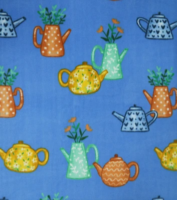 Home Grown Flower Tea Pots on Blue Anti Pill Fleece Fabric