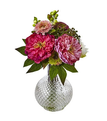 Nearly Natural Hot Pink Peony and Mum in Glass Vase