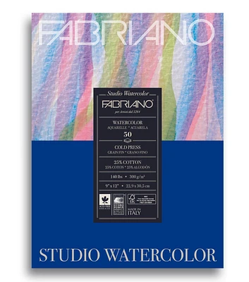 Fabriano Studio Watercolor Pad, Cold-Press, 9" x 12", 140 lb., 50 Sheet