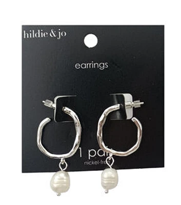 1 Pair Silver Hoop Pearl Dangle Earrings by hildie & jo