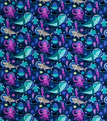 Sealife in Space on Blue Super Snuggle Flannel Fabric