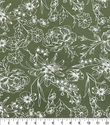 Olive White Outline Floral Stretch Chiffon Fabric