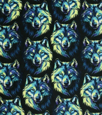 Wolf in Shades of Night on Black Anti Pill Plush Fleece Fabric