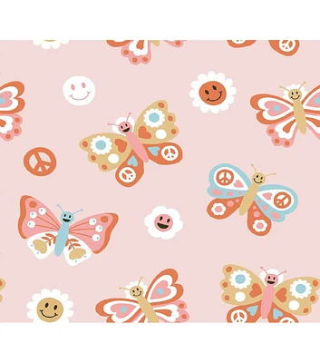 Pink Smiley Peace Butterflies Super Snuggle Flannel Fabric