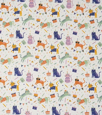 Cat Birthday on Cream Novelty Cotton Fabric