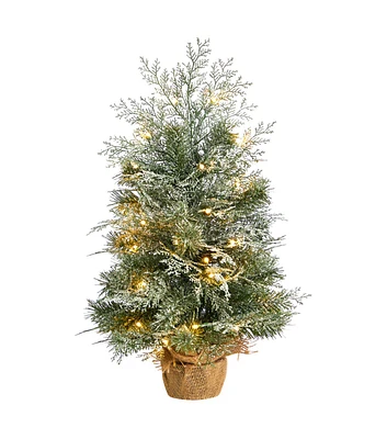 Nearly Natural 2' Pre Lit Winter Frosted Christmas Tree in Burlap Base