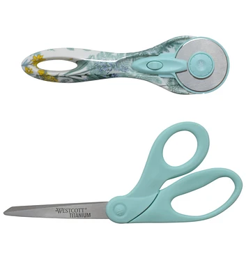 Westcott 8" Titanium Scissor and Rotary Cutter, 2-Pack, Blue Floral