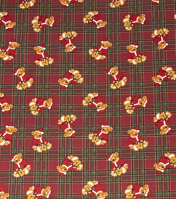 SINGER Santa Teddy Bears on Red Tartan Plaid Christmas Cotton Fabric