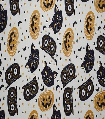 Halloween Cat Heads on Cotton Fabric