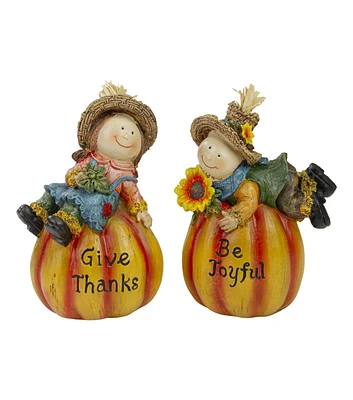 Northlight 6" Girl & Boy Scarecrows on Pumpkins Fall Figurines 2ct