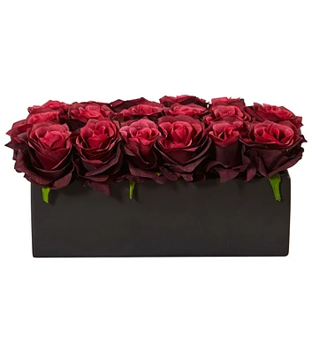 Nearly Natural 12.5" Red Dozen Silk Roses in Ceramic Rectangular Planter