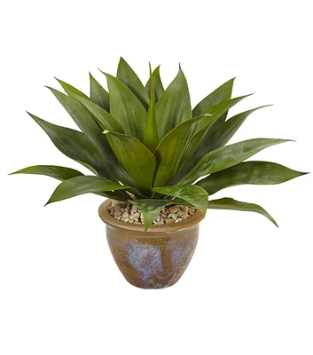 Nearly Natural 15" Agave Artificial Plant in Glazed Clay Pot