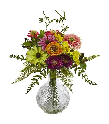 Nearly Natural Mixed Flowers in Glass Vase