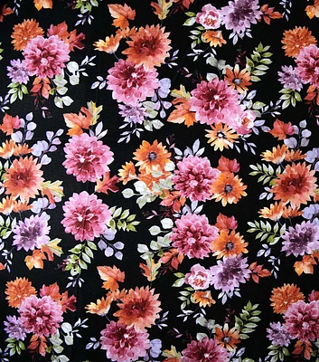 Pink & Orange Mums on Navy Fall Cotton Fabric