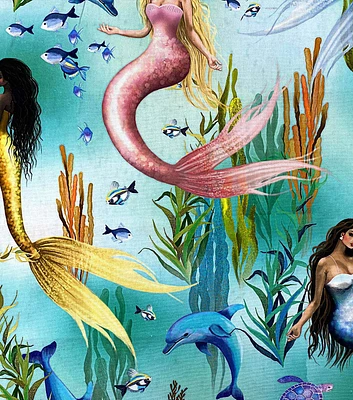 Mermaids in Blue Sea Cotton Canvas Fabric