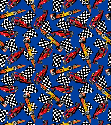 Racecars & Checkered Flags on Navy Novelty Cotton Fabric