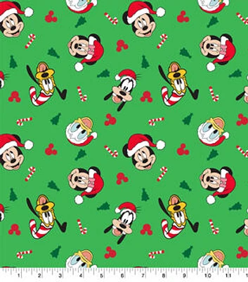 Mickey & Friends on Green Christmas Cotton Fabric