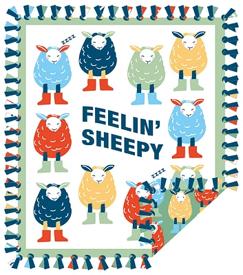 48" Wide Feelin Sheepy on White No Sew Fleece Blanket