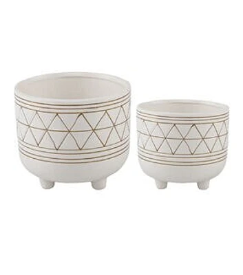 Flora Bunda 6" & 5" White Gold Geo Ceramic Footed Planter 2ct