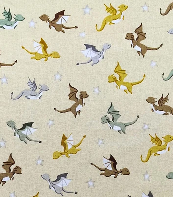 Flying Dragons on Yellow Nursery Cotton Fabric