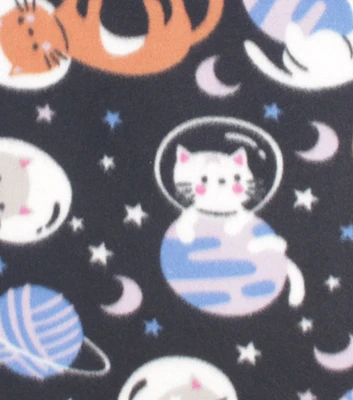 Celestial Space Cats on Black Blizzard Fleece Fabric