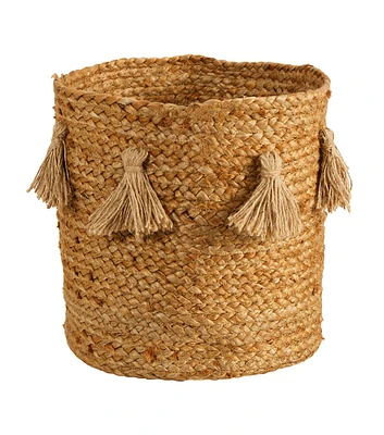 Nearly Natural 12.5" Boho Natural Hand Woven Jute Basket With Tassels