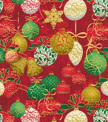 Robert Kaufman Ornaments on Red Christmas Metallic Cotton Fabric