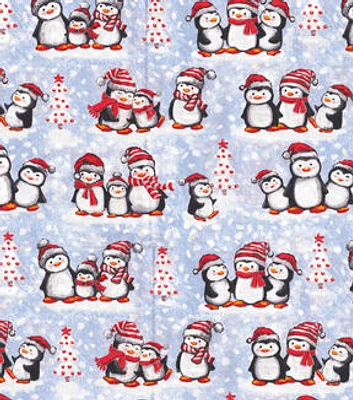 Winter Penguin Friends on Blue Christmas Glitter Cotton Fabric