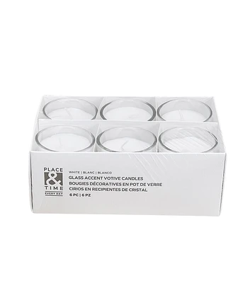 6pk White Unscented Votives With Glass Holders by Place & Time