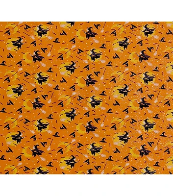 Flying Witches on Orange Halloween Glitter Cotton Fabric