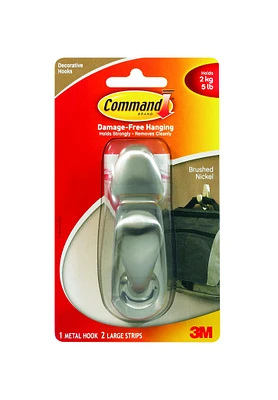 Command 5lbs Brushed Nickel Large Metal Hook & Strips 3ct