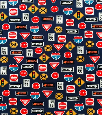 Road Signs on Navy Cotton Interlock Knit Fabric by POP!