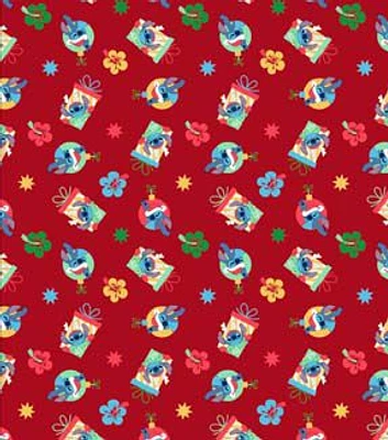 Disney Lilo & Stitch Jolly on Red Christmas Cotton Fabric