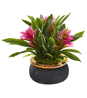 Nearly Natural 11" Spring Bromeliad Artificial Plant in Stoneware Planter