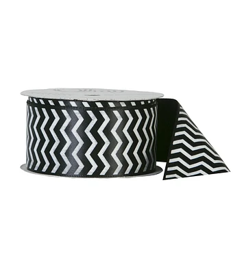 Offray Satin Ribbon 1.5''x9' White Zigzag on Black